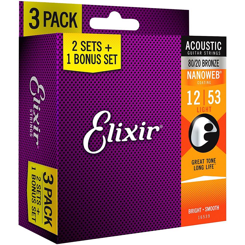Elixir 80/20 Bronze Nanoweb 11052 Light 12-53 Acoustic Guitar Strings 3-Pack